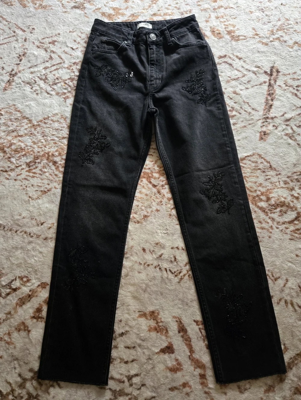 Sandro Paris Black Denim Jeans with Branded Button And  sequins Size36 - Picture 4 of 8